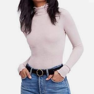 Free People Womens Make it Easy Waffle Knit Mock Neck Top Small Blush Pink